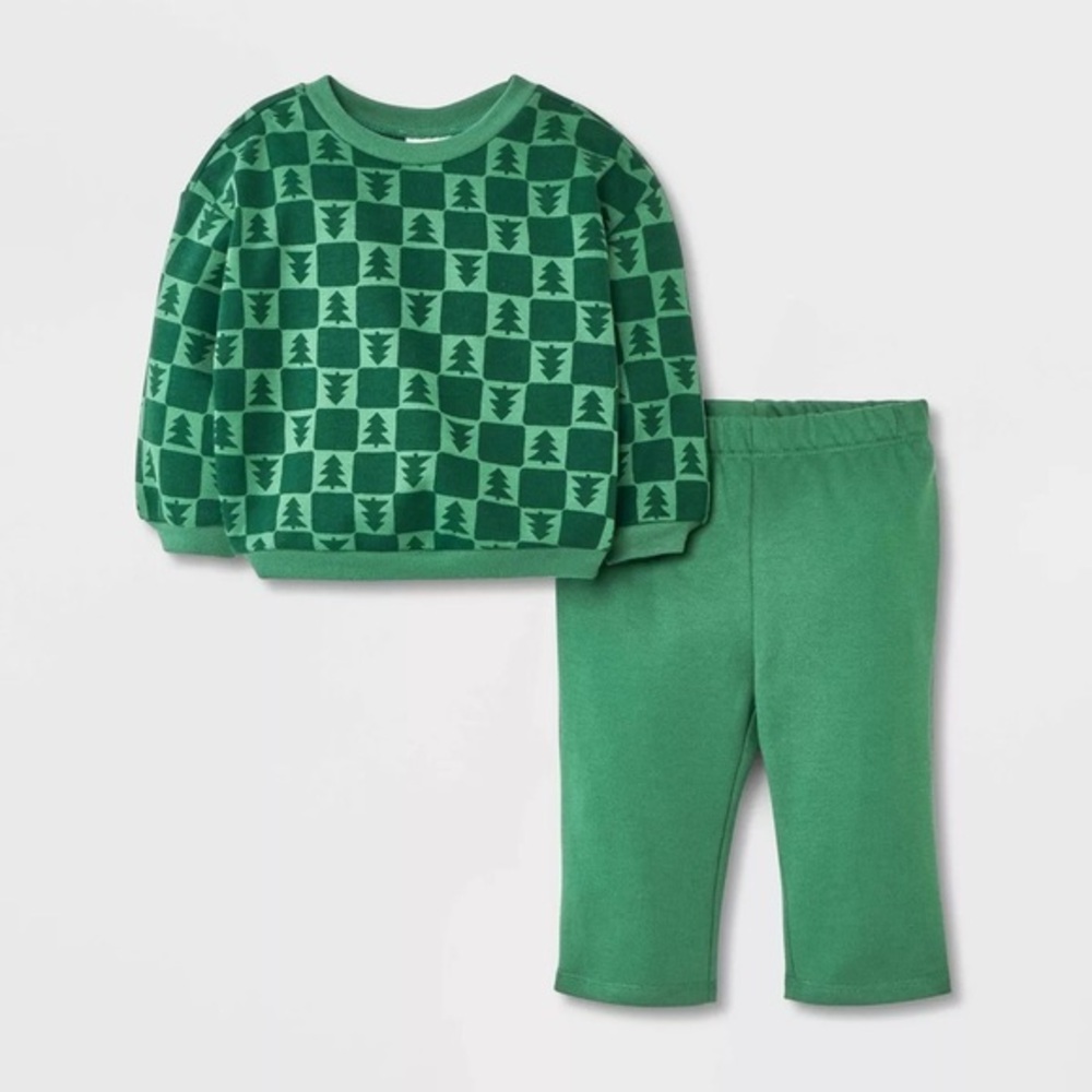 Baby nwt 2pc Holiday Checkered Christmas Tree Fleece Sweatshirt Pants Set Green